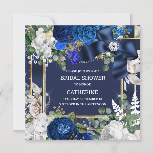Royal blue white glitter bow diamond elegant chic  invitation (Front)