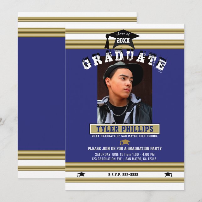 Royal Blue White Gold Graduation Photo Party    Invitation (Front/Back)