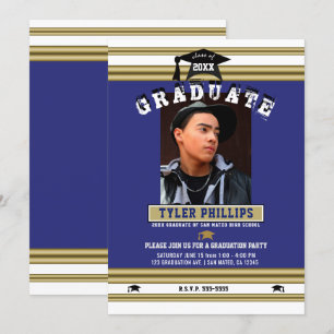 Royal Blue White Gold Graduation Photo Party    Invitation