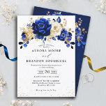 Royal Blue White Gold Metallic Floral Wedding Invi Invitation<br><div class="desc">Elegant royal blue gold theme wedding Invitation featuring elegant bouquet of royal blue,  Navy,  gold,  yellow  colour rose flowers buds and eucalyptus leaves. Please contact me for any help in customisation or if you need any other product with this design.</div>