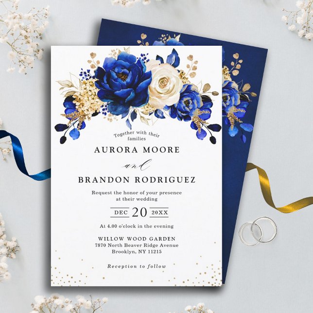 Royal Blue White Gold Metallic Floral Wedding Invi Invitation (Royal blue gold floral wedding invitation)