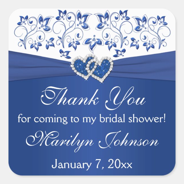 Royal Blue White Joined Hearts Bridal Shower Favou Square Sticker (Front)