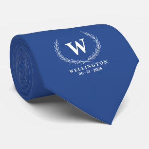 Royal Blue White Laurel Monogram Name Wedding Date Tie