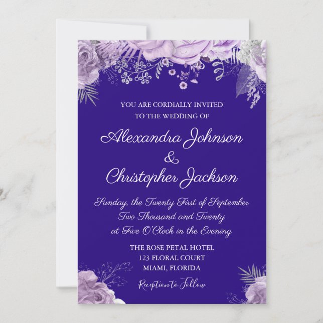 Royal Blue, White Lavender Purple Wedding Invitation (Front)
