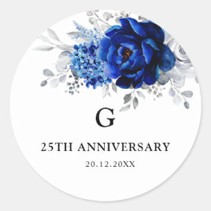 Royal Blue White Metallic Silver Floral Wedding Cl Classic Round Sticker