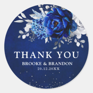 Royal Blue White Metallic Silver Floral Wedding Cl Classic Round Sticker