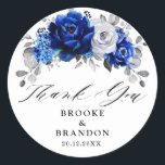 Royal Blue White Metallic Silver Floral Wedding Classic Round Sticker<br><div class="desc">Elegant royal blue white silver theme wedding thank you sticker featuring elegant bouquet of royal blue,  Navy,  silver,  pure white colour rose flowers buds and sage green eucalyptus leaves. Please contact me for any help in customisation or if you need any other product with this design.</div>