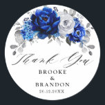 Royal Blue White Metallic Silver Floral Wedding Classic Round Sticker<br><div class="desc">Elegant royal blue white silver theme wedding thank you sticker featuring elegant bouquet of royal blue,  Navy,  silver,  pure white colour rose flowers buds and sage green eucalyptus leaves. Please contact me for any help in customisation or if you need any other product with this design.</div>