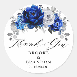 Royal Blue White Metallic Silver Floral Wedding Classic Round Sticker