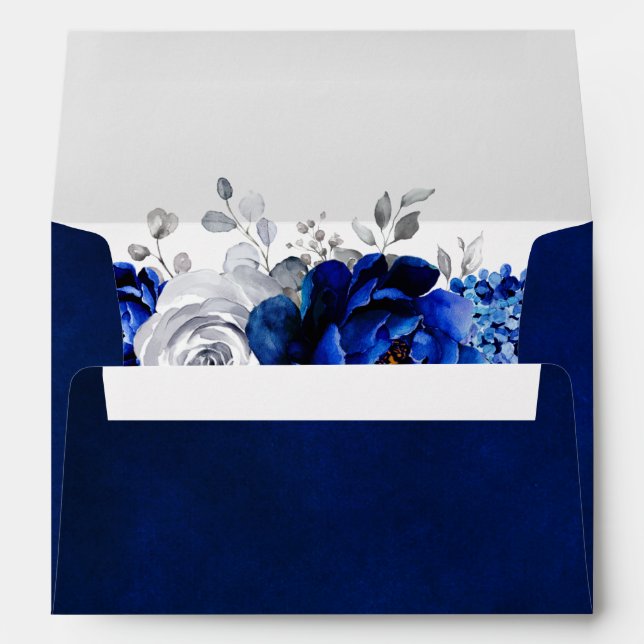 Royal Blue White Metallic Silver Floral Wedding Envelope (Back (Bottom))