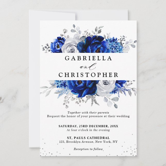 Royal Blue White Metallic Silver Floral Wedding Invitation (Front)