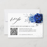 Royal Blue White Metallic Silver Floral Wedding QR