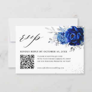 Royal Blue White Metallic Silver Floral Wedding QR RSVP Card