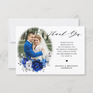 Royal Blue White Metallic Silver Floral Wedding Thank You Card