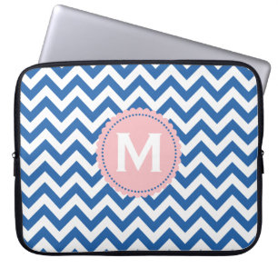 Royal Blue White Monogram Chevron Pattern Laptop Sleeve