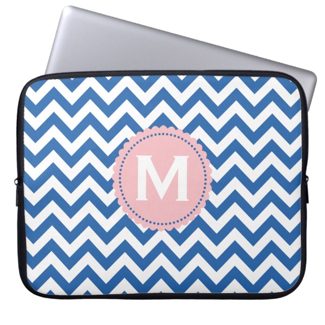 Royal Blue White Monogram Chevron Pattern Laptop Sleeve (Front)