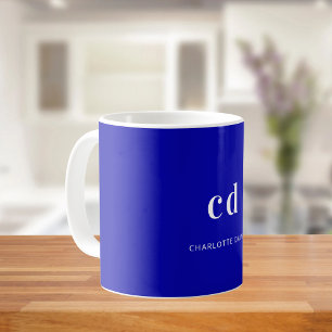 Royal blue white monogram initials name coffee mug