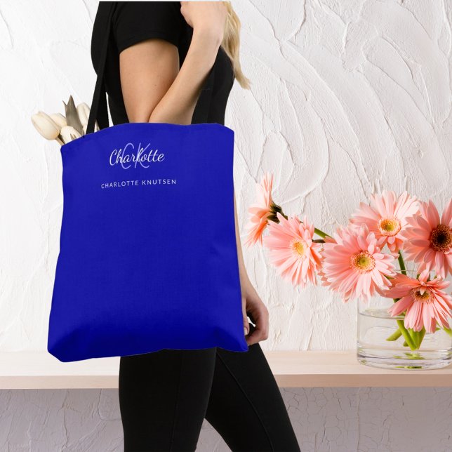 Royal blue white monogram initials name tote bag (Creator Uploaded)