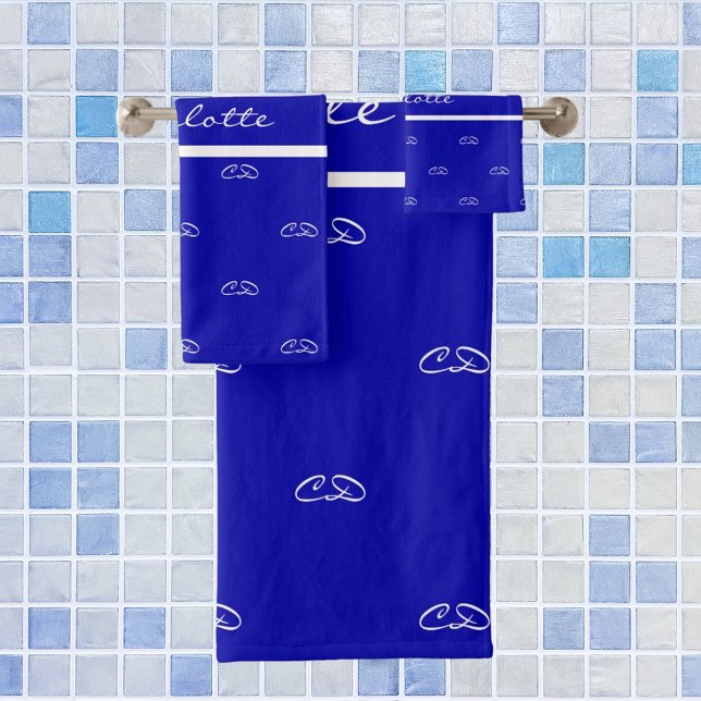 Royal blue white monogram initials pattern name bath towel set (Creator Uploaded)