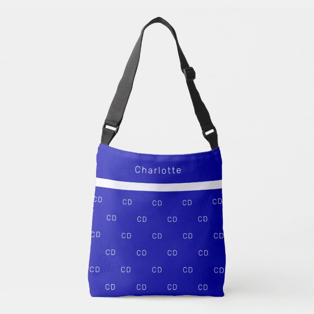 Royal blue white monogram initials pattern name crossbody bag (Front)