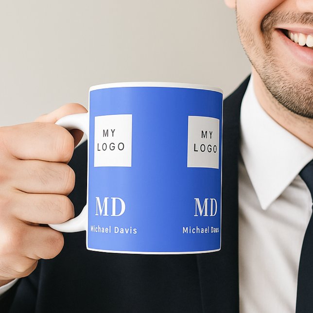 Royal blue white monogram name business logo coffee mug (Creator Uploaded)