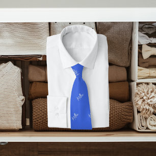Royal blue white name pattern modern script tie