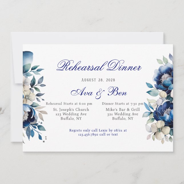 Royal Blue White Peony Silver Rehearsal Dinner Invitation (Front)