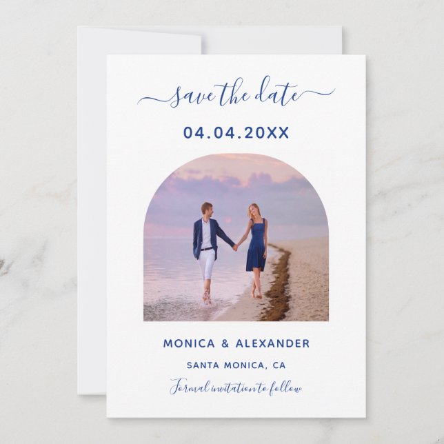 Royal blue white photo wedding Save the Date (Front)