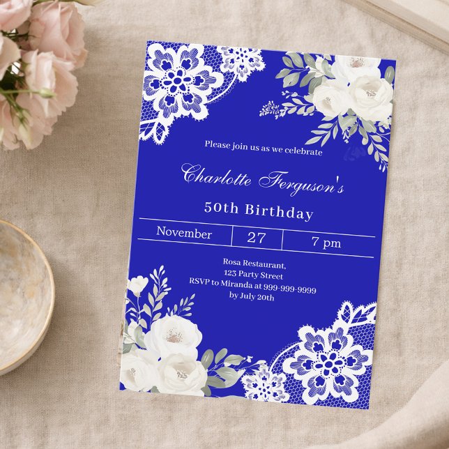 Royal blue white roses lace birthday invitation (Creator Uploaded)