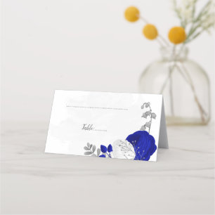 royal blue & white silver botanical wedding place  place card