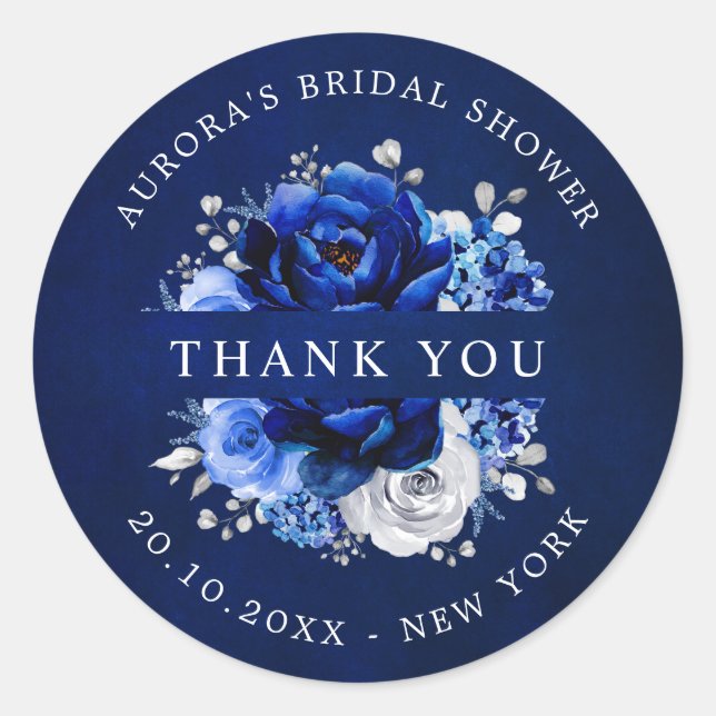 Royal Blue White Silver Bridal Shower Thank you Cl Classic Round Sticker (Front)