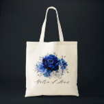 Royal Blue White Silver Floral Matron of Honor Tote Bag<br><div class="desc">Elegant royal blue white silver theme wedding bridesmaid gift tote bag featuring elegant bouquet of royal blue,  Navy,  silver,  pure white color rose flowers buds and sage green eucalyptus leaves. Please contact me for any help in customization or if you need any other product with this design.</div>