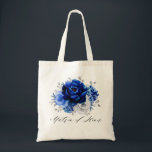 Royal Blue White Silver Floral Matron of Honor Tote Bag<br><div class="desc">Elegant royal blue white silver theme wedding bridesmaid gift tote bag featuring elegant bouquet of royal blue,  Navy,  silver,  pure white color rose flowers buds and sage green eucalyptus leaves. Please contact me for any help in customization or if you need any other product with this design.</div>