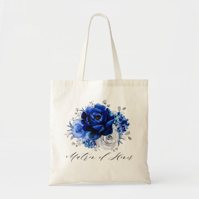 Royal Blue White Silver Floral Matron of Honor Tote Bag (Front)