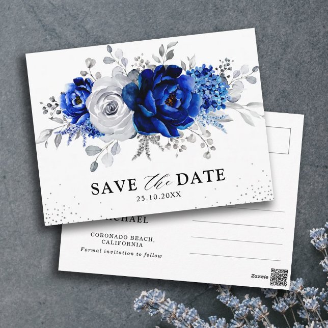 Royal Blue White Silver Floral Save the Date Postcard (Creator Uploaded)