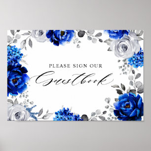 Royal Blue White Silver Floral Sign our Guestbook