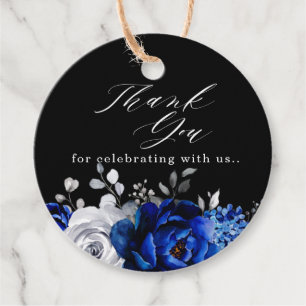 Royal Blue White Silver Floral Thank you Favour Ta Tags