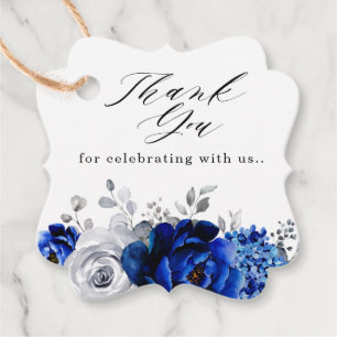 Royal Blue White Silver Floral Thank you Favour Tags