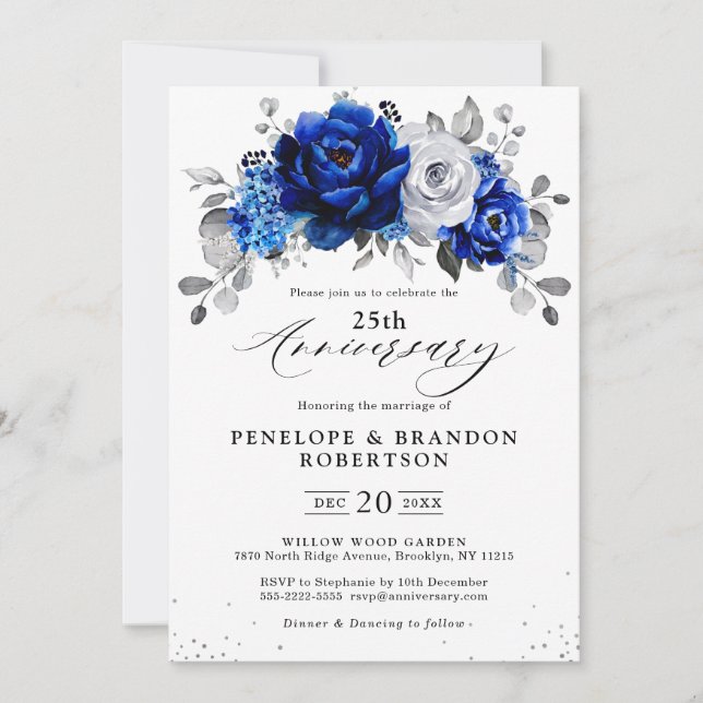 Royal Blue White Silver Floral Wedding Anniversary Invitation (Front)