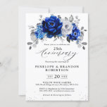 Royal Blue White Silver Floral Wedding Anniversary Invitation<br><div class="desc">Elegant royal blue white silver theme wedding Anniversary Invitation featuring elegant bouquet of royal blue,  Navy,  silver,  pure white colour rose flowers buds and sage green eucalyptus leaves. Please contact me for any help in customisation or if you need any other product with this design.</div>