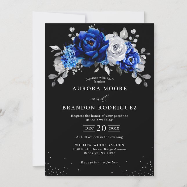 Royal Blue White Silver Metallic black Wedding     Invitation (Front)