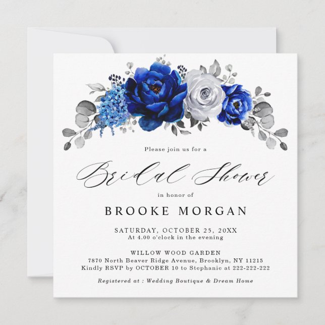Royal Blue White Silver Metallic Bridal Shower Invitation (Front)