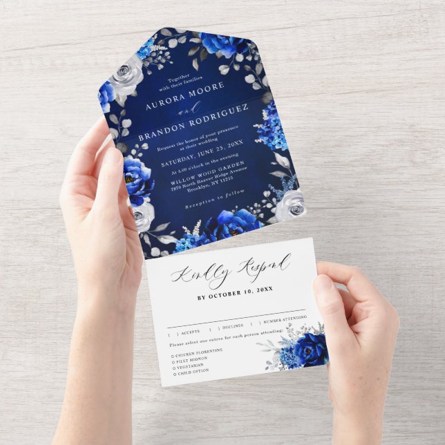 Royal Blue White Silver Metallic Floral Wedding Al All In One Invitation (Tearaway)