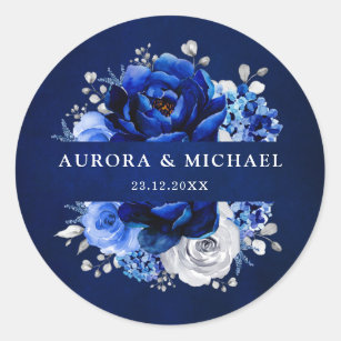 Royal Blue White Silver Metallic Floral Wedding Cl Classic Round Sticker