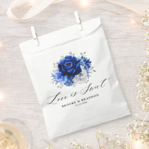 Royal Blue White Silver Metallic Floral Wedding Favour Bag