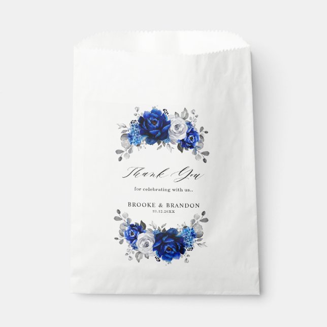 Royal Blue White Silver Metallic Floral Wedding Favour Bag (Front)