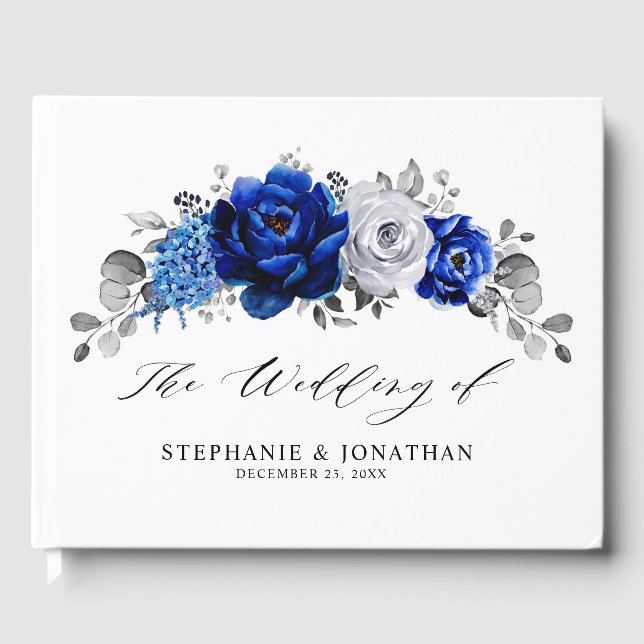 Royal Blue White Silver Metallic Floral Wedding Guest Book (Front)