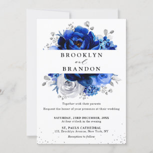 Royal Blue White Silver Metallic Floral Wedding In Invitation