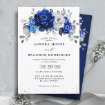 Royal Blue White Silver Metallic Floral Wedding In Invitation<br><div class="desc">Elegant royal blue white silver theme wedding Invitation featuring elegant bouquet of royal blue,  Navy,  silver,  pure white color rose flowers buds and sage green eucalyptus leaves. Please contact me for any help in customization or if you need any other product with this design.</div>