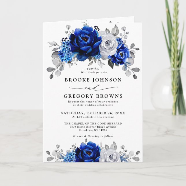 Royal Blue White Silver Metallic Floral Wedding Invitation (Front)